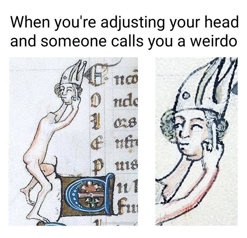 When you're adjusting your head and someone calls you a weirdo 11co 0 nde 1 028 Enfr 1118 Fu @medieval'stmat