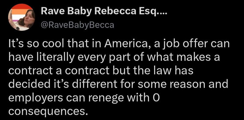 Rave Baby Rebecca Esq.... @RaveBabyBecca It's so cool that in America, a job offer can have literally every part of what makes a contract a contract but the law has decided it's different for some reason and employers can renege with O consequences.