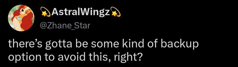 AstralWingz @Zhane Star there's gotta be some kind of backup option to avoid this, right?