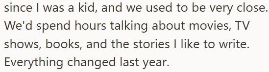 since I was a kid, and we used to be very close. We'd spend hours talking about movies, TV shows, books, and the stories I like to write. Everything changed last year.