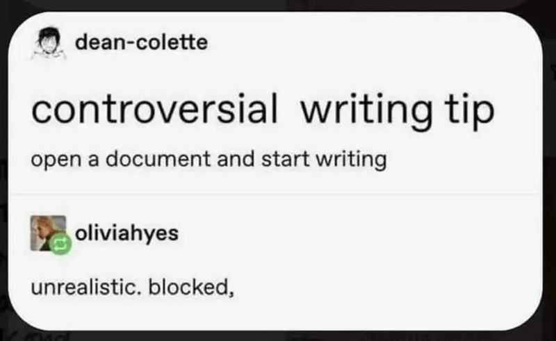 dean-colette controversial writing tip open a document and start writing oliviahyes unrealistic. blocked,