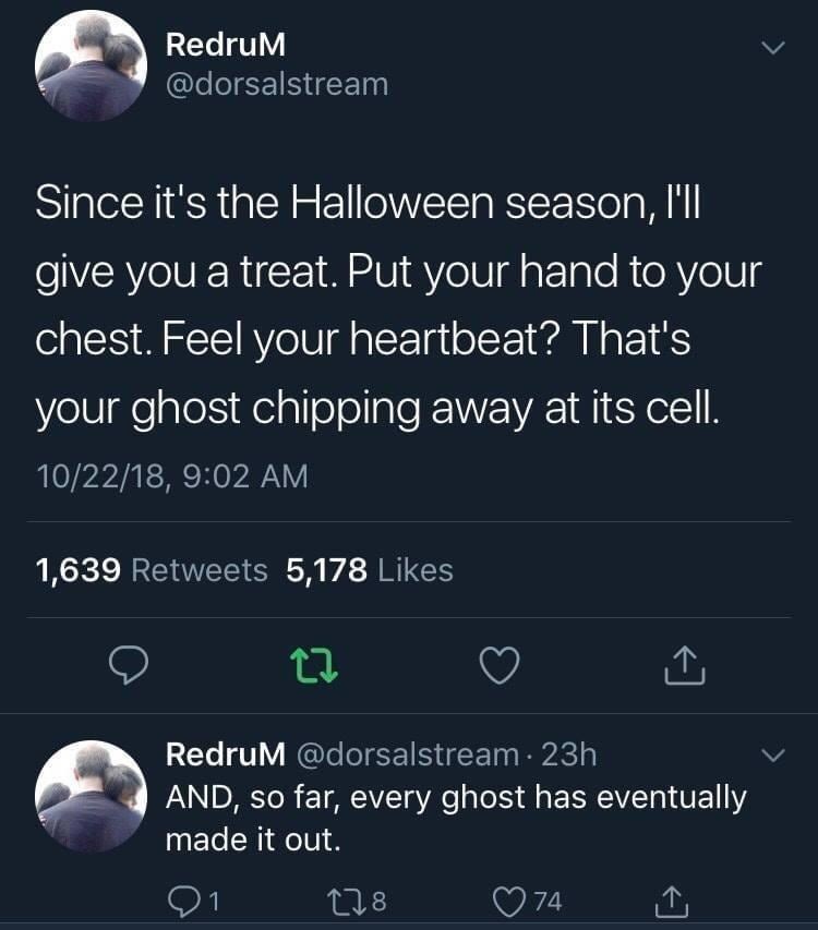 RedruM @dorsalstream Since it's the Halloween season, I'll give you a treat. Put your hand to your chest. Feel your heartbeat? That's your ghost chipping away at its cell. 10/22/18, 9:02 AM 1,639 Retweets 5,178 Likes 27 RedruM @dorsalstream. 23h <] AND, so far, every ghost has eventually made it out. 1 178 74