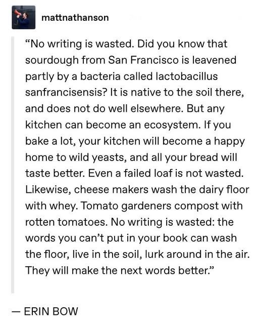 - mattnathanson "No writing is wasted. Did you know that sourdough from San Francisco is leavened partly by a bacteria called lactobacillus sanfrancisensis? It is native to the soil there, and does not do well elsewhere. But any kitchen can become an ecosystem. If you bake a lot, your kitchen will become a happy home to wild yeasts, and all your bread will taste better. Even a failed loaf is not wasted. Likewise, cheese makers wash the dairy floor with whey. Tomato gardeners compost with rotten