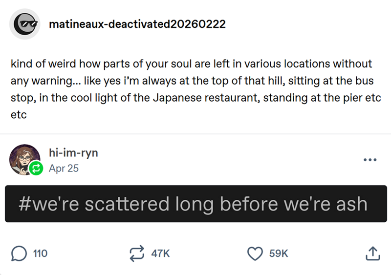 W matineaux-deactivated20260222 kind of weird how parts of your soul are left in various locations without any warning... like yes i'm always at the top of that hill, sitting at the bus stop, in the cool light of the Japanese restaurant, standing at the pier etc etc hi-im-ryn Apr 25 #we're scattered long before we're ash ☐ 110 47K 59K ↑