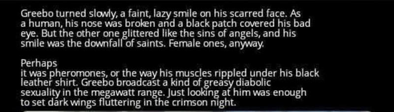 Greebo turned slowly, a faint, lazy smile on his scarred face. As a human, his nose was broken and a black patch covered his bad eye. But the other one glittered like the sins of angels, and his smile was the downfall of saints. Female ones, anyway. Perhaps it was pheromones, or the way his muscles rippled under his black leather shirt. Greebo broadcast a kind of greasy diabolic sexuality in the megawatt range. Just looking at him was enough to set dark wings fluttering in the crimson night.