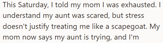 This Saturday, I told my mom I was exhausted. I understand my aunt was scared, but stress doesn't justify treating me like a scapegoat. My mom now says my aunt is trying, and I'm
