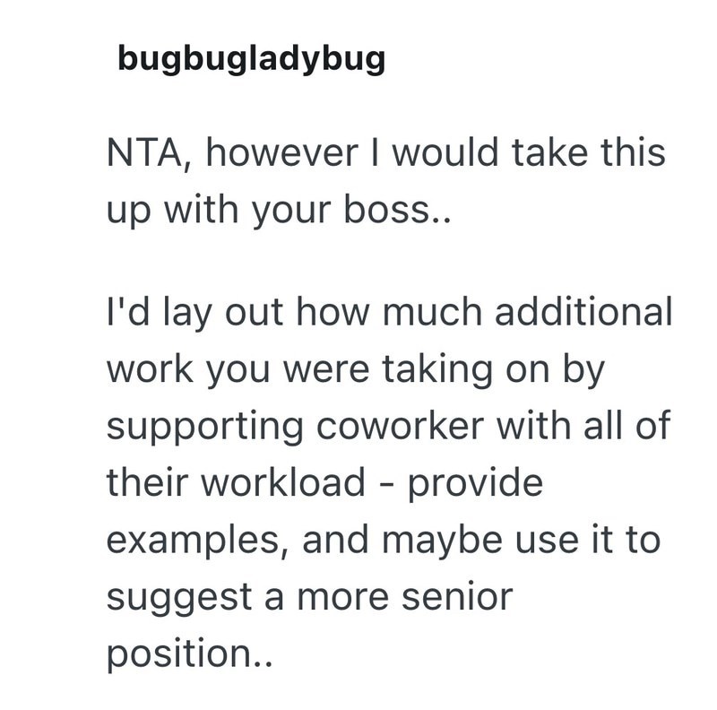 bugbugladybug NTA, however I would take this up with your boss.. I'd lay out how much additional work you were taking on by supporting coworker with all of their workload - provide examples, and maybe use it to suggest a more senior position..