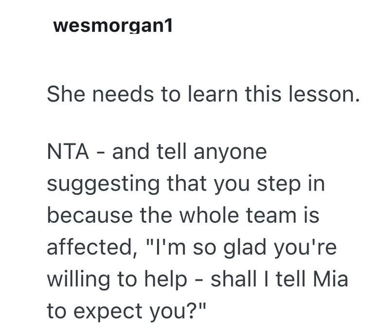 wesmorgan1 She needs to learn this lesson. NTA - and tell anyone suggesting that you step in because the whole team is affected, "I'm so glad you're willing to help - shall I tell Mia to expect you?"