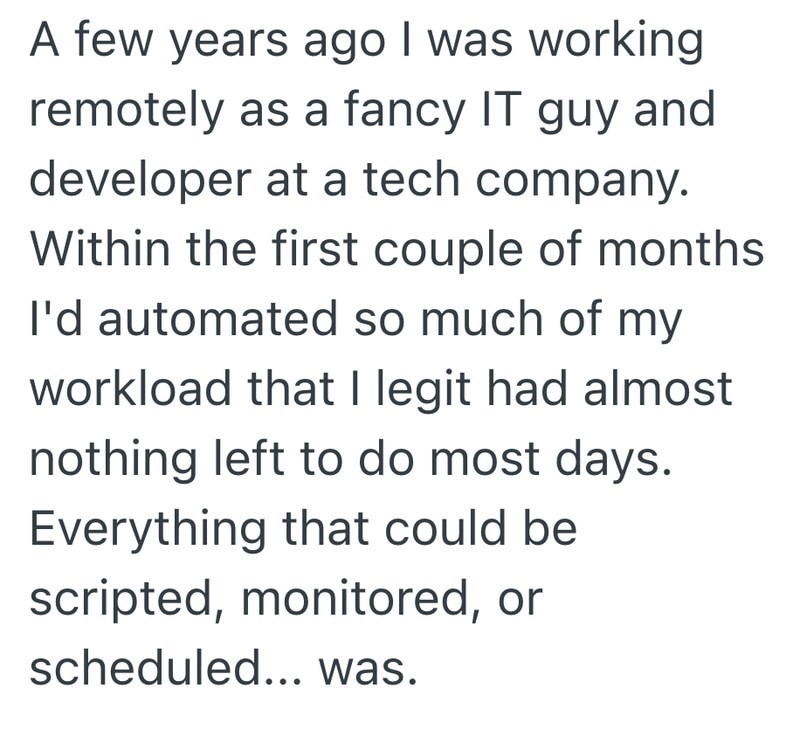 A few years ago I was working remotely as a fancy IT guy and developer at a tech company. Within the first couple of months I'd automated so much of my workload that I legit had almost nothing left to do most days. Everything that could be scripted, monitored, or scheduled... was.