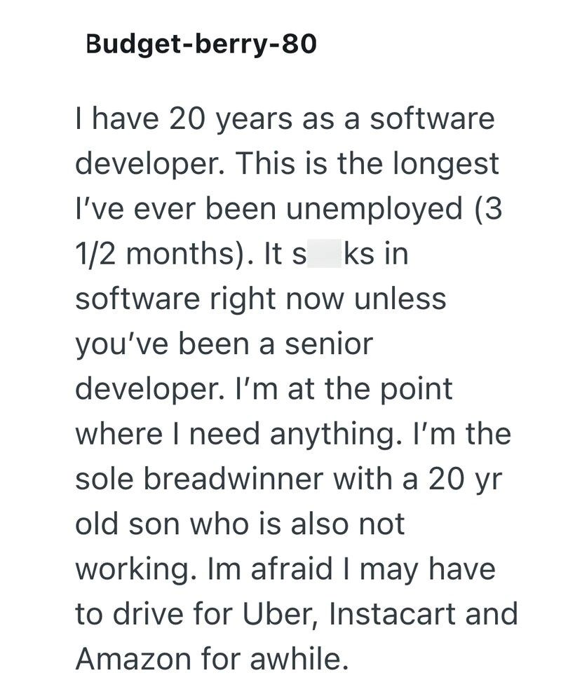 Budget-berry-80 I have 20 years as a software developer. This is the longest I've ever been unemployed (3 1/2 months). It s ks in software right now unless you've been a senior developer. I'm at the point where I need anything. I'm the sole breadwinner with a 20 yr old son who is also not working. Im afraid I may have to drive for Uber, Instacart and Amazon for awhile.