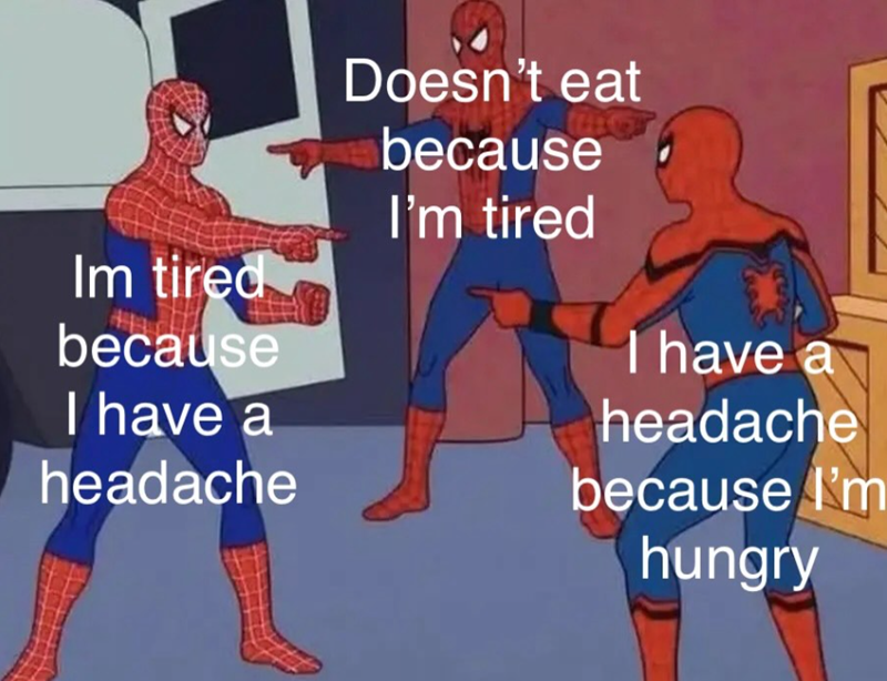 Im tired because I have a headache Doesn't eat because I'm tired I have a headache because I'm hungry