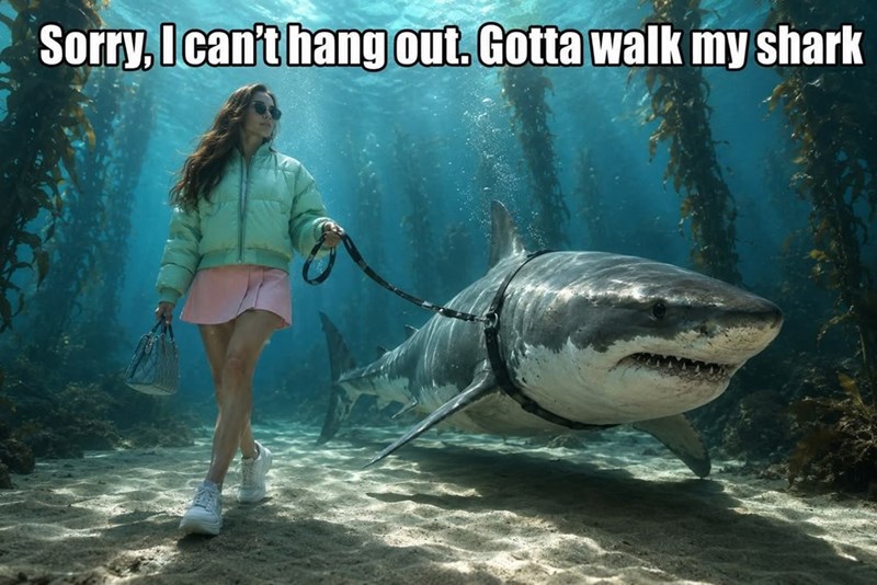 Sorry, I can't hang out. Gotta walk my shark