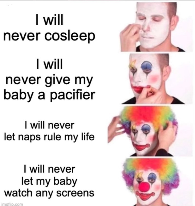 I will never cosleep I will never give my baby a pacifier I will never let naps rule my life I will never let my baby watch any screens imgflip.com