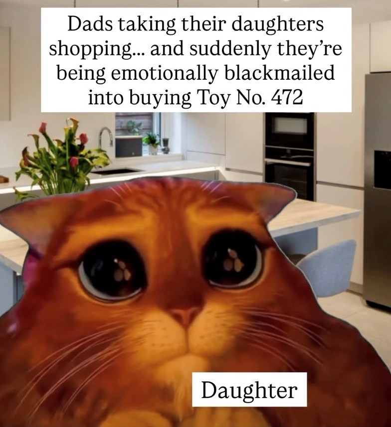 Dads taking their daughters shopping... and suddenly they're being emotionally blackmailed into buying Toy No. 472 Daughter
