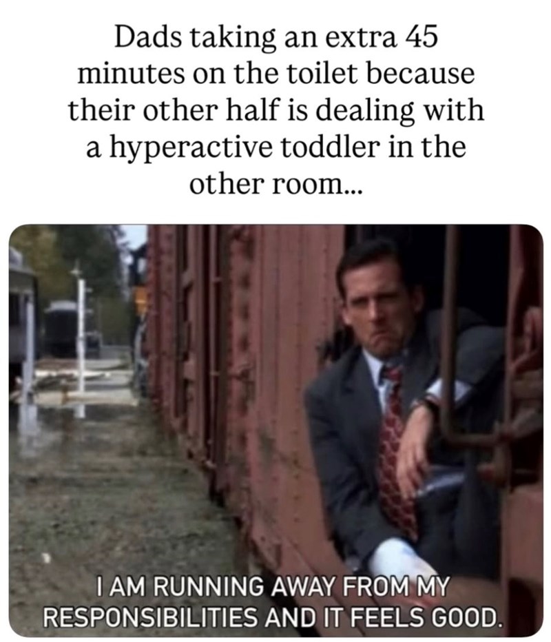 Dads taking an extra 45 minutes on the toilet because their other half is dealing with a hyperactive toddler in the other room... I AM RUNNING AWAY FROM MY RESPONSIBILITIES AND IT FEELS GOOD.