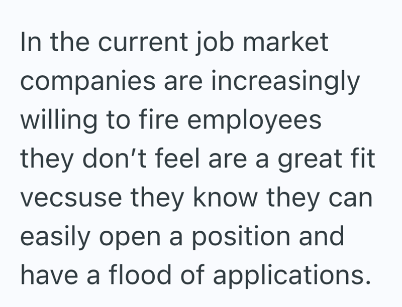In the current job market companies are increasingly willing to fire employees they don't feel are a great fit vecsuse they know they can easily open a position and have a flood of applications.