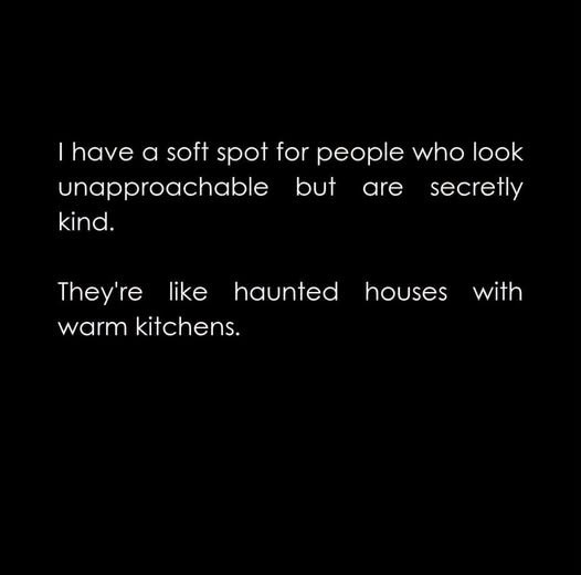 I have a soft spot for people who look unapproachable but are secretly kind. They're like haunted houses with warm kitchens.