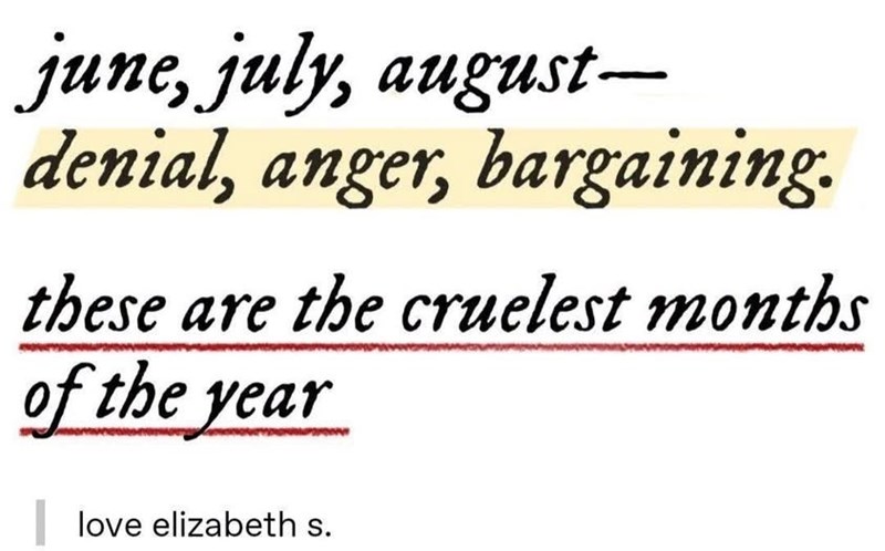 june, july, august- denial, anger, bargaining. these are the cruelest months of the year love elizabeth s.