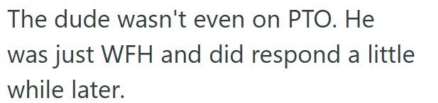 The dude wasn't even on PTO. He was just WFH and did respond a little while later.