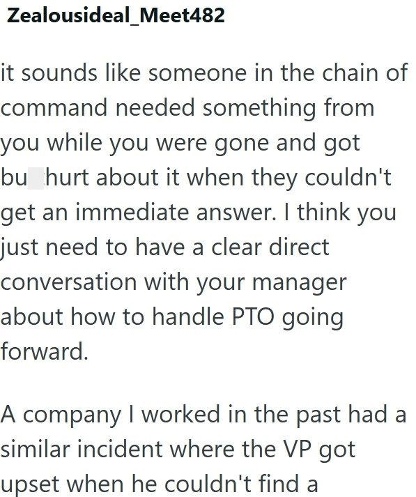 Zealousideal_Meet482 it sounds like someone in the chain of command needed something from you while you were gone and got bu hurt about it when they couldn't get an immediate answer. I think you just need to have a clear direct conversation with your manager about how to handle PTO going forward. A company I worked in the past had a similar incident where the VP got upset when he couldn't find a