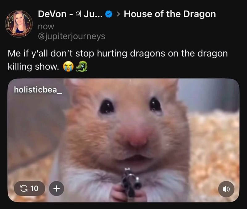 10 DeVon - 2 Ju... > House of the Dragon now jupiterjourneys Me if y'all don't stop hurting dragons on the dragon killing show. holisticbea_ +