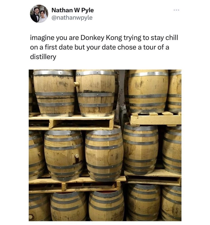 Nathan W Pyle @nathanwpyle imagine you are Donkey Kong trying to stay chill on a first date but your date chose a tour of a distillery