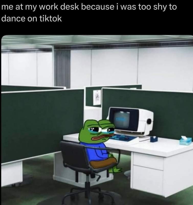 me at my work desk because i was too shy to dance on tiktok