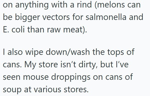 on anything with a rind (melons can be bigger vectors for salmonella and E. coli than raw meat). I also wipe down/wash the tops of cans. My store isn't dirty, but I've seen mouse droppings on cans of soup at various stores.