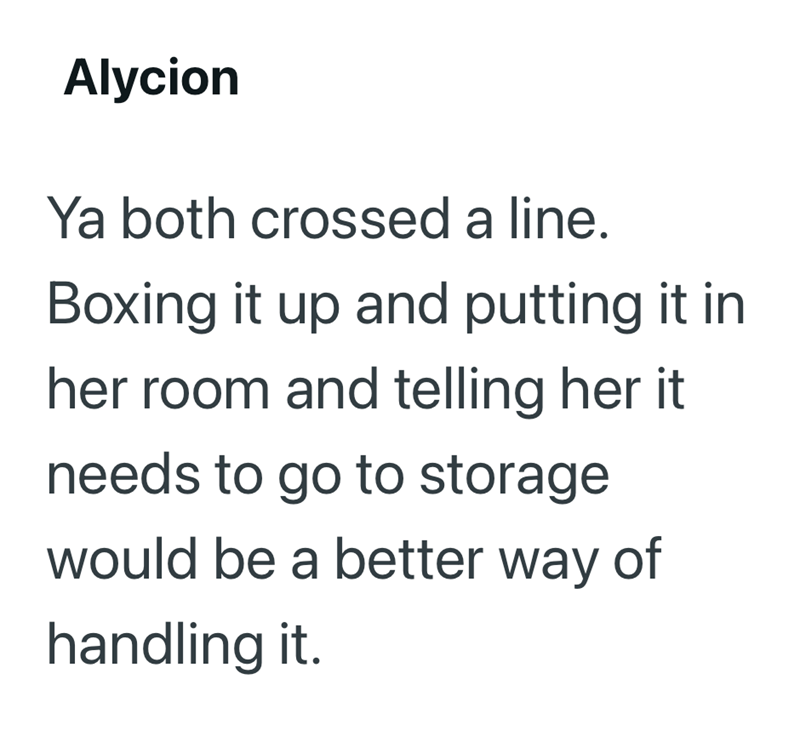 Alycion Ya both crossed a line. Boxing it up and putting it in her room and telling her it needs to go to storage would be a better way of handling it.