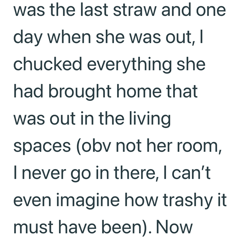 was the last straw and one day when she was out, I chucked everything she had brought home that was out in the living spaces (obv not her room, I never go in there, I can't even imagine how trashy it must have been). Now