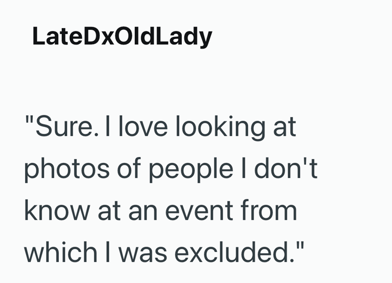 LateDxOldLady "Sure. I love looking at photos of people I don't know at an event from which I was excluded."