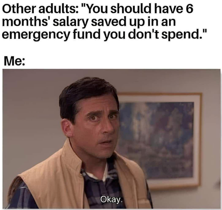 Other adults: "You should have 6 months' salary saved up in an emergency fund you don't spend." Me: Okay.