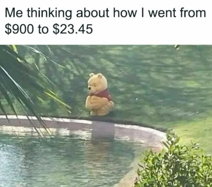 Me thinking about how I went from $900 to $23.45