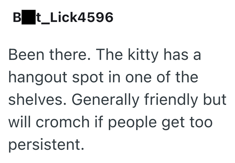 B t_Lick4596 Been there. The kitty has a hangout spot in one of the shelves. Generally friendly but will cromch if people get too persistent.