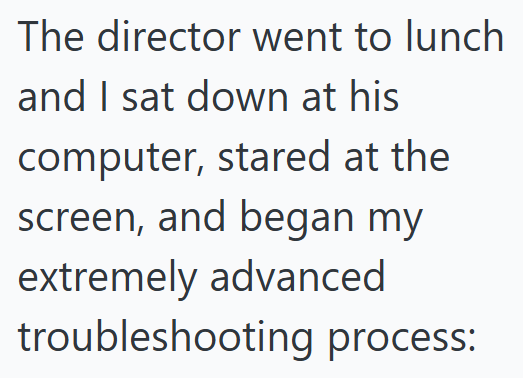 The director went to lunch and I sat down at his computer, stared at the screen, and began my extremely advanced troubleshooting process: