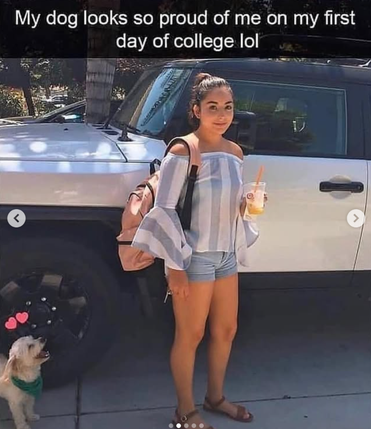 My dog looks so proud of me on my first day of college lol < >