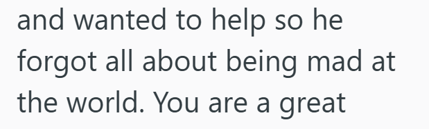 and wanted to help so he forgot all about being mad at the world. You are a great