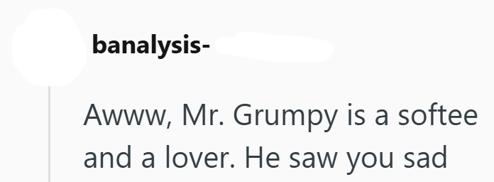 banalysis- Awww, Mr. Grumpy is a softee and a lover. He saw you sad