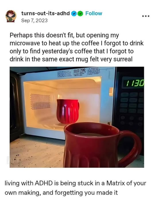 turns-out-its-adhd Sep 7, 2023 Follow Perhaps this doesn't fit, but opening my microwave to heat up the coffee I forgot to drink only to find yesterday's coffee that I forgot to drink in the same exact mug felt very surreal 700 1130 living with ADHD is being stuck in a Matrix of your own making, and forgetting you made it