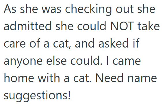 As she was checking out she admitted she could NOT take care of a cat, and asked if anyone else could. I came home with a cat. Need name suggestions!