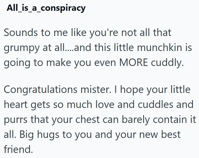 All_is_a_conspiracy Sounds to me like you're not all that grumpy at all....and this little munchkin is going to make you even MORE cuddly. Congratulations mister. I hope your little heart gets so much love and cuddles and purrs that your chest can barely contain it all. Big hugs to you and your new best friend.