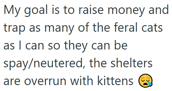My goal is to raise money and trap as many of the feral cats as I can so they can be spay/neutered, the shelters are overrun with kittens