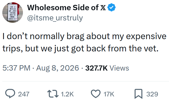 ARE U REALED OR JUST TRYING NOT TO THIC Wholesome Side of X @itsme_urstruly I don't normally brag about my expensive trips, but we just got back from the vet. . • 5:37 PM - Aug 8, 2026 327.7K Views 247 1.2K 17K ☐ 329