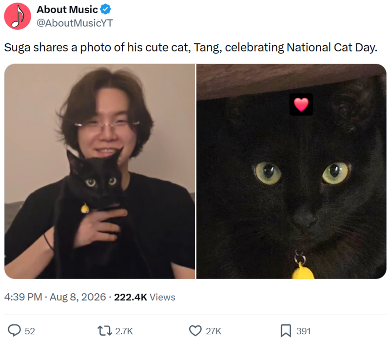 About Music @AboutMusicYT Suga shares a photo of his cute cat, Tang, celebrating National Cat Day. C 4:39 PM • Aug 8, 2026 - 222.4K Views 52 172.7K 27K 391