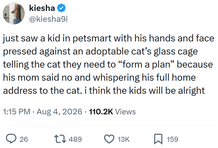 kiesha @kiesha9i just saw a kid in petsmart with his hands and face pressed against an adoptable cat's glass cage telling the cat they need to "form a plan" because his mom said no and whispering his full home address to the cat. i think the kids will be alright 1:15 PM • Aug 4, 2026 110.2K Views 26 17489 13K ☐ 159