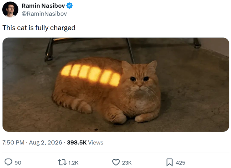 Ramin Nasibov @Ramin Nasibov This cat is fully charged . 7:50 PM - Aug 2, 2026 398.5K Views 90 1.2K 23K Σ 425