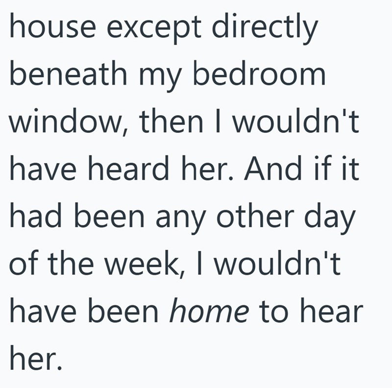 house except directly beneath my bedroom window, then I wouldn't have heard her. And if it had been any other day of the week, I wouldn't have been home to hear her.