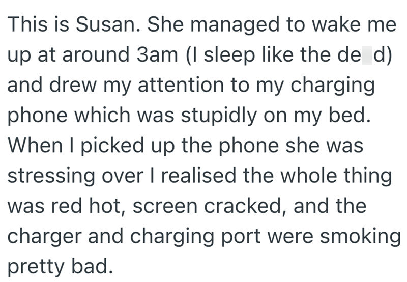This is Susan. She managed to wake me up at around 3am (I sleep like the de d) and drew my attention to my charging phone which was stupidly on my bed. When I picked up the phone she was stressing over I realised the whole thing was red hot, screen cracked, and the charger and charging port were smoking pretty bad.
