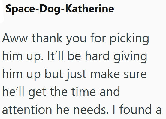 Space-Dog-Katherine Aww thank you for picking him up. It'll be hard giving him up but just make sure he'll get the time and attention he needs. I found a