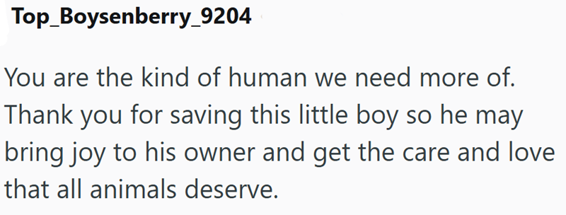 Top Boysenberry_9204 You are the kind of human we need more of. Thank you for saving this little boy so he may bring joy to his owner and get the care and love. that all animals deserve.